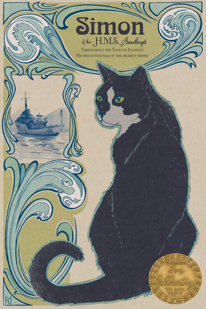 An illustration of an a tuxedo cat in the Art Nouveau style. There is a blue and green border with swirling waves, a painting of the HMS Amethyst ship, and the text "Simon of the HMS Amethyst: Throughout the Yangtse Incident His behaviour was of the highest order"